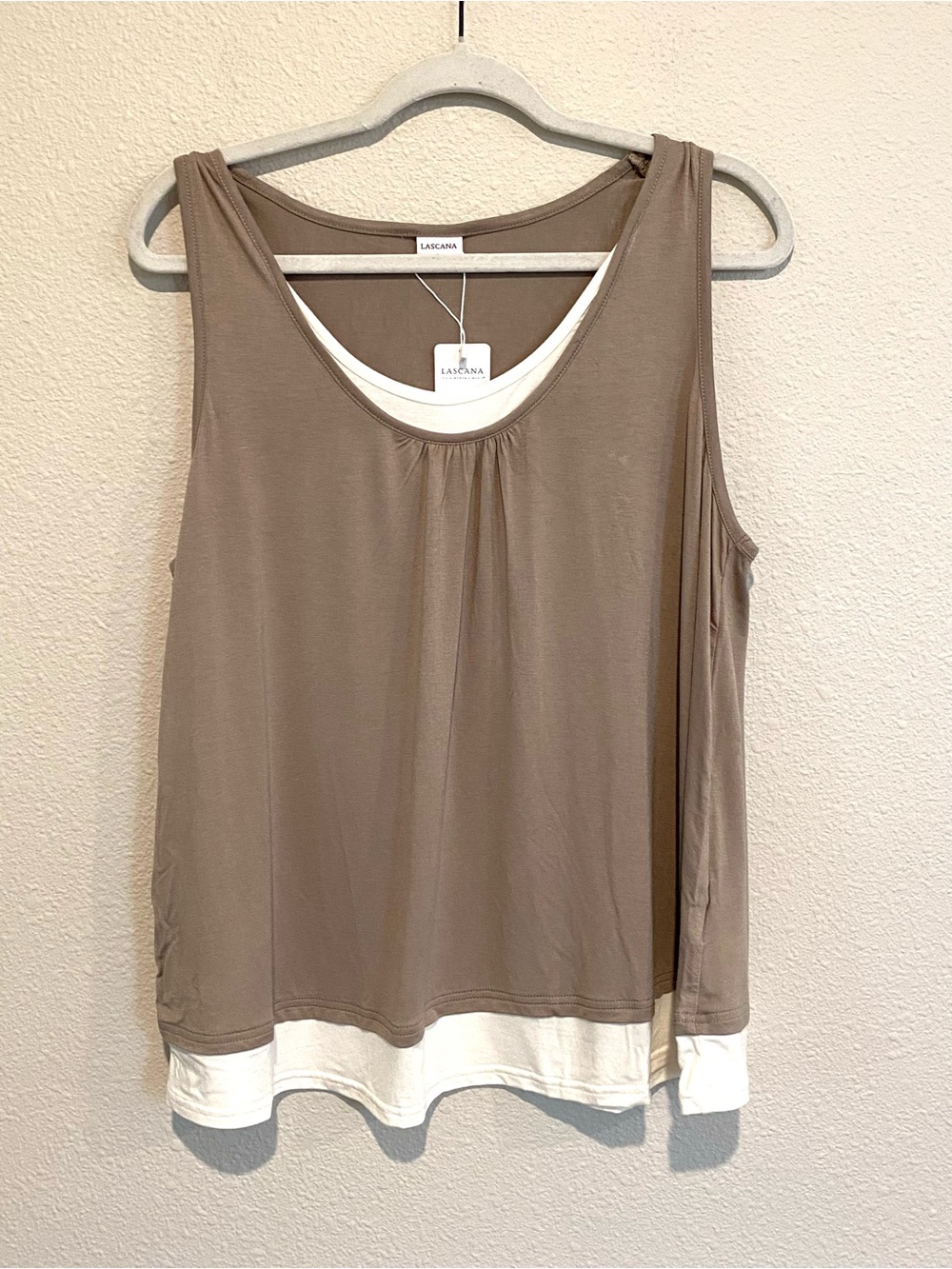 NWT Lascana Taupe Scoop Neck Tank with White Hem